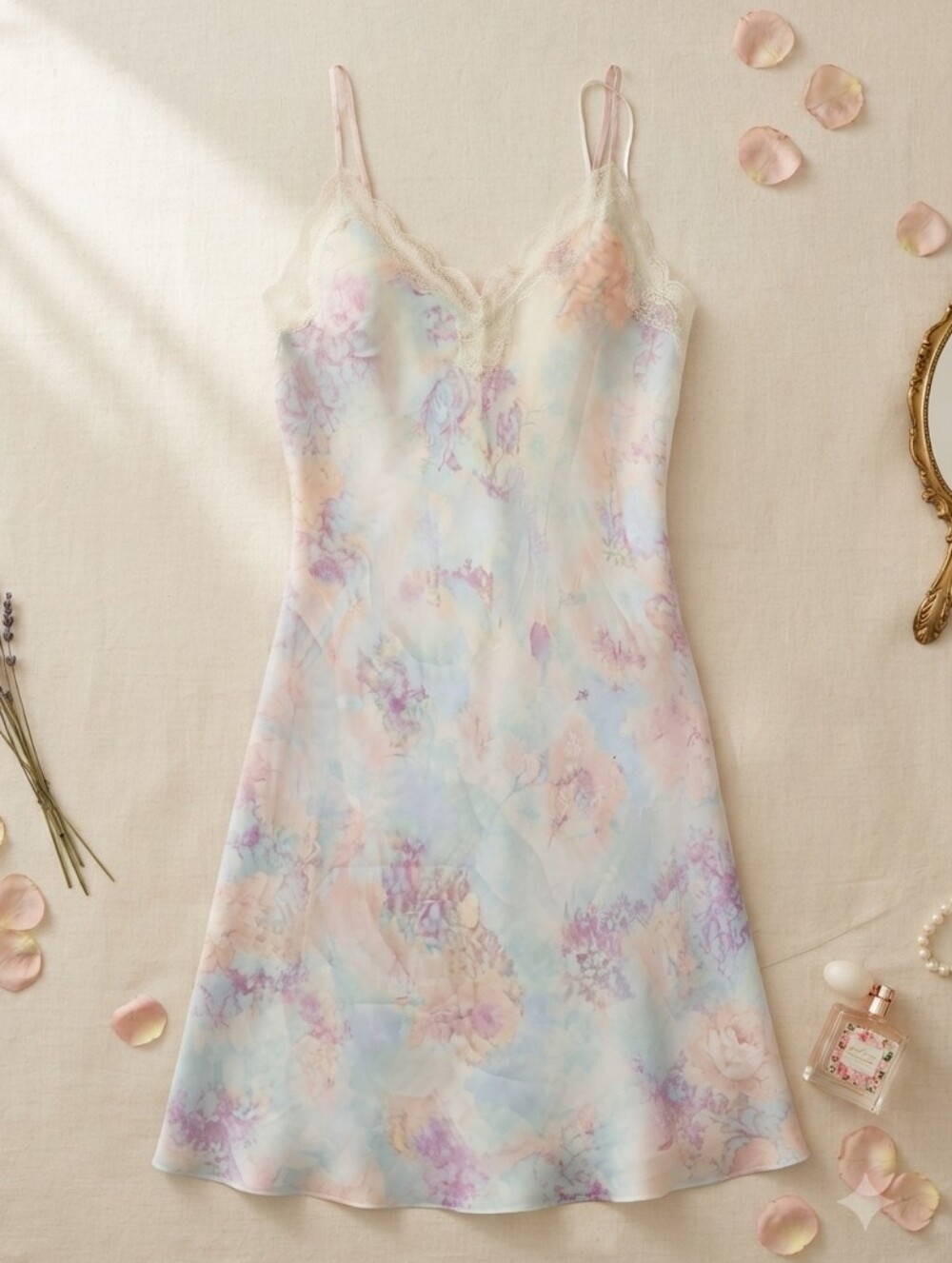 Victorias Secret Soft Watercolor Angel Print Lace Trim Satin Slip Dress